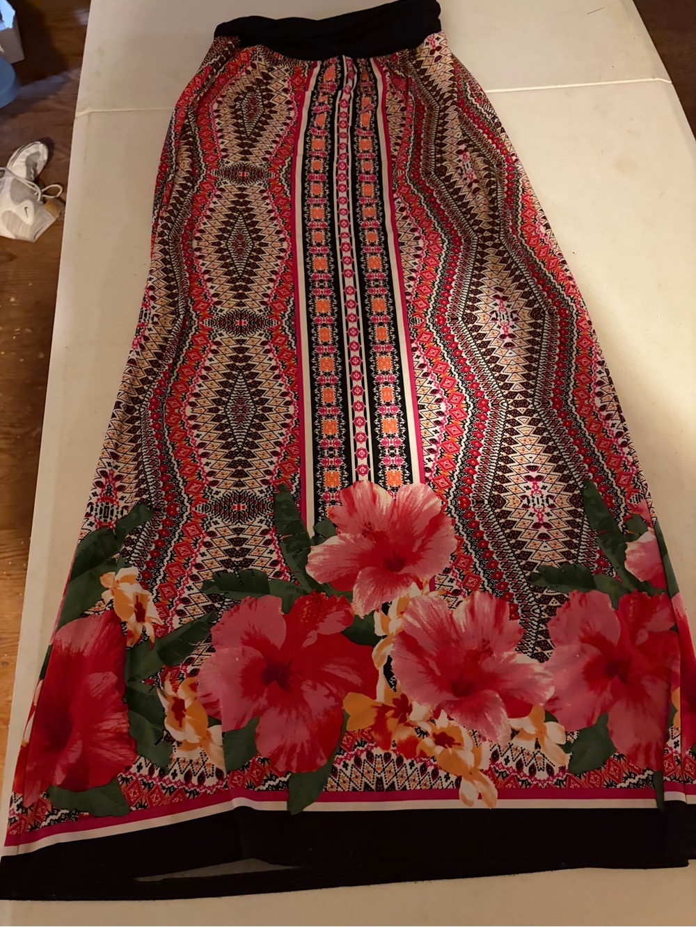 Apt. 9 Red & Pink Floral Maxi Skirt with Black Waistband